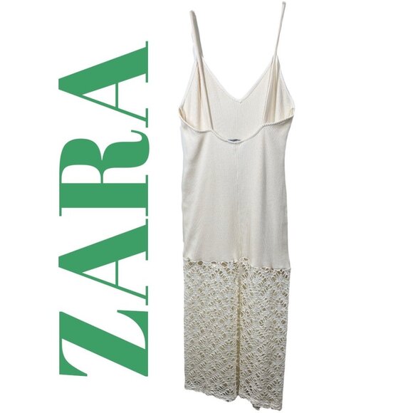 ZARA OPEN KNIT CROCHET MIDI SLIP DRESS IVORY COASTAL RESORT BOHO MINIMALIST, L - Picture 5 of 15